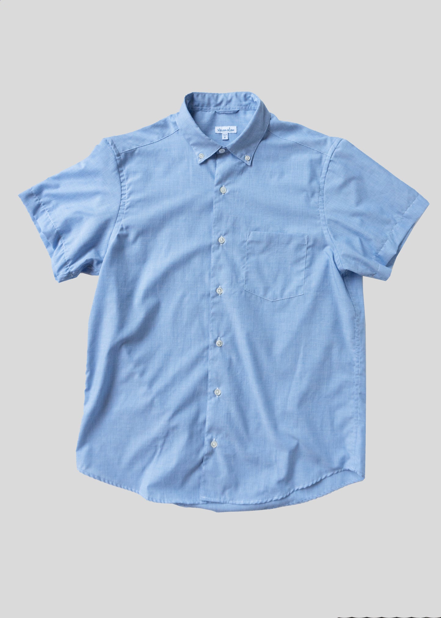 Short Sleeve Single Needle Shirt, Light Blue end on end