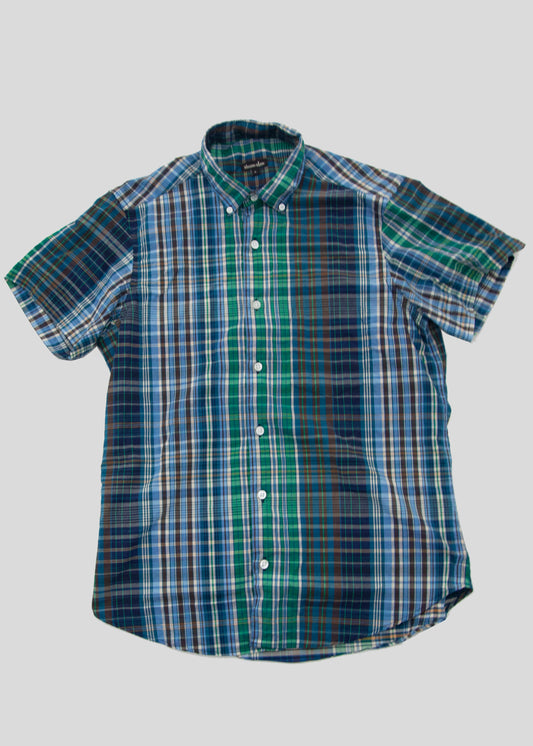 Short Sleeve Single Needle Shirt, Blue Madras