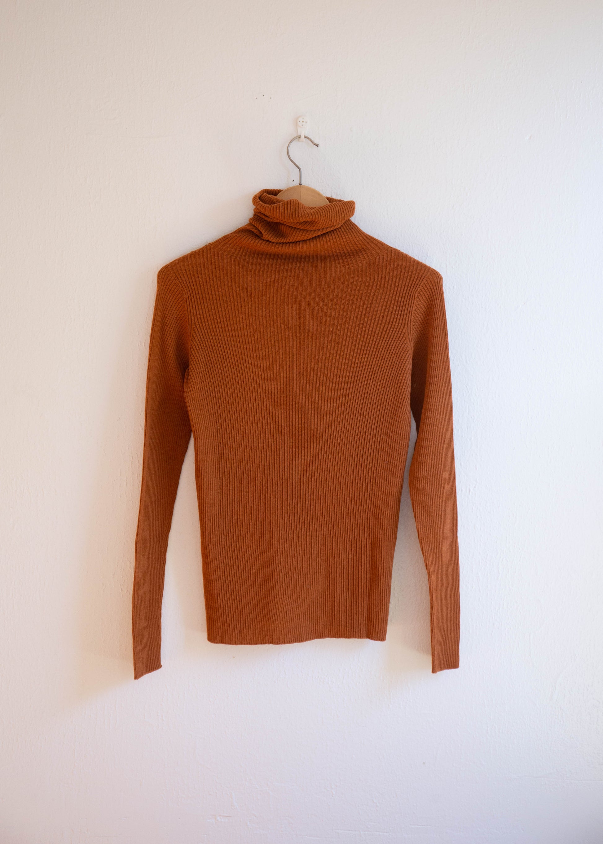 whole garment rib turtle neck pullover in color camel front