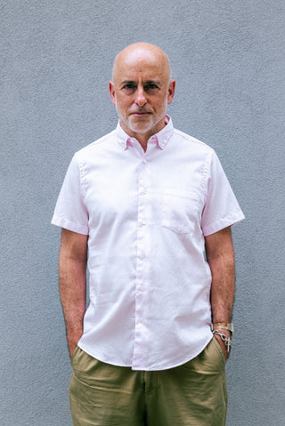 Short Sleeve Single Needle Shirt, Pink Emboss Stripe