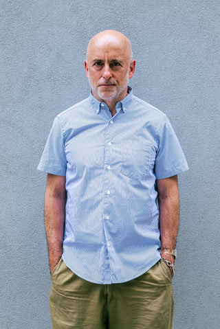 Short Sleeve Single Needle Shirt, Royal Blue/White Stripe