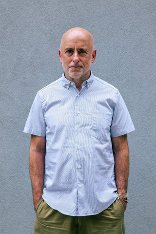 Short Sleeve Single Needle Shirt, Black Pencil Stripe
