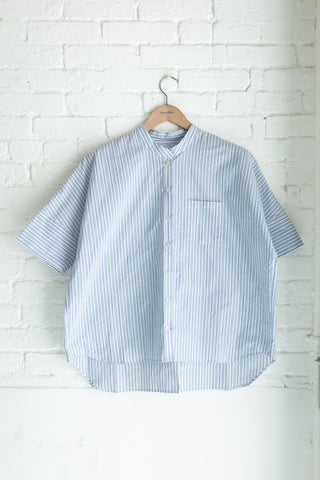 Women's Oversized Stand Collar S/S, White Blue/Navy Multi-Stripe