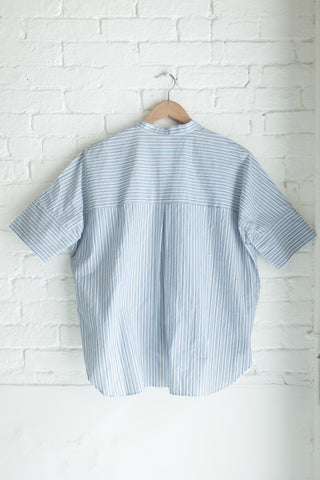Women's Oversized Stand Collar S/S, White Blue/Navy Multi-Stripe