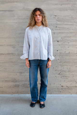 Women's Stand Collar L/S, White Blue/Navy Multi-Stripe