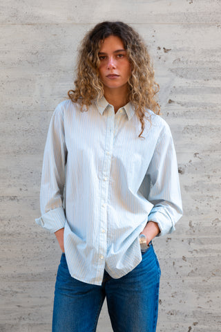 Women's Studio Shirt, Powder Blue White/Gold Multi-Stripe