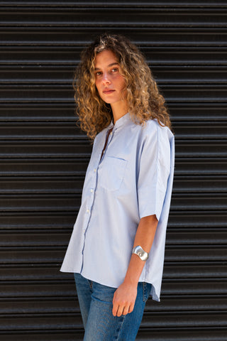 Women's Oversized Stand Collar S/S, Perwinkle Navy/White Stripe