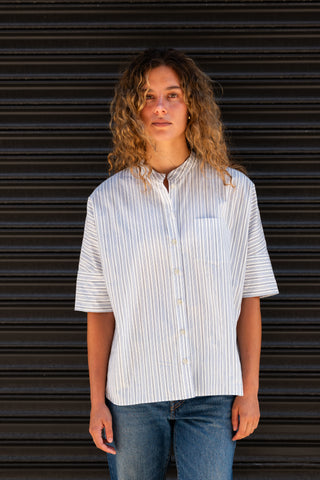 Women's Oversized Stand Collar S/S, White Blue/Navy Multi-Stripe