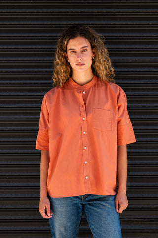 Women's Oversized Stand Collar S/S, Papaya