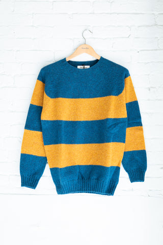 Wool Block Stripe Crew Neck, Yellow and Teal