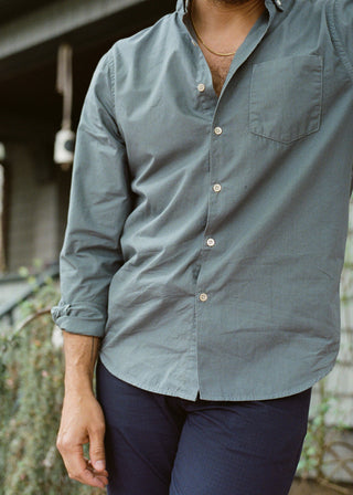 Washed poplin shirt in steel blue on model 