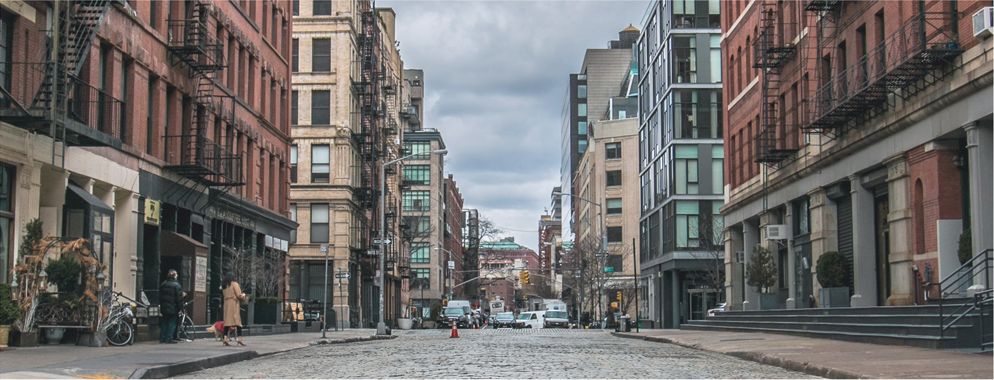 wide angle view of new york street buildings