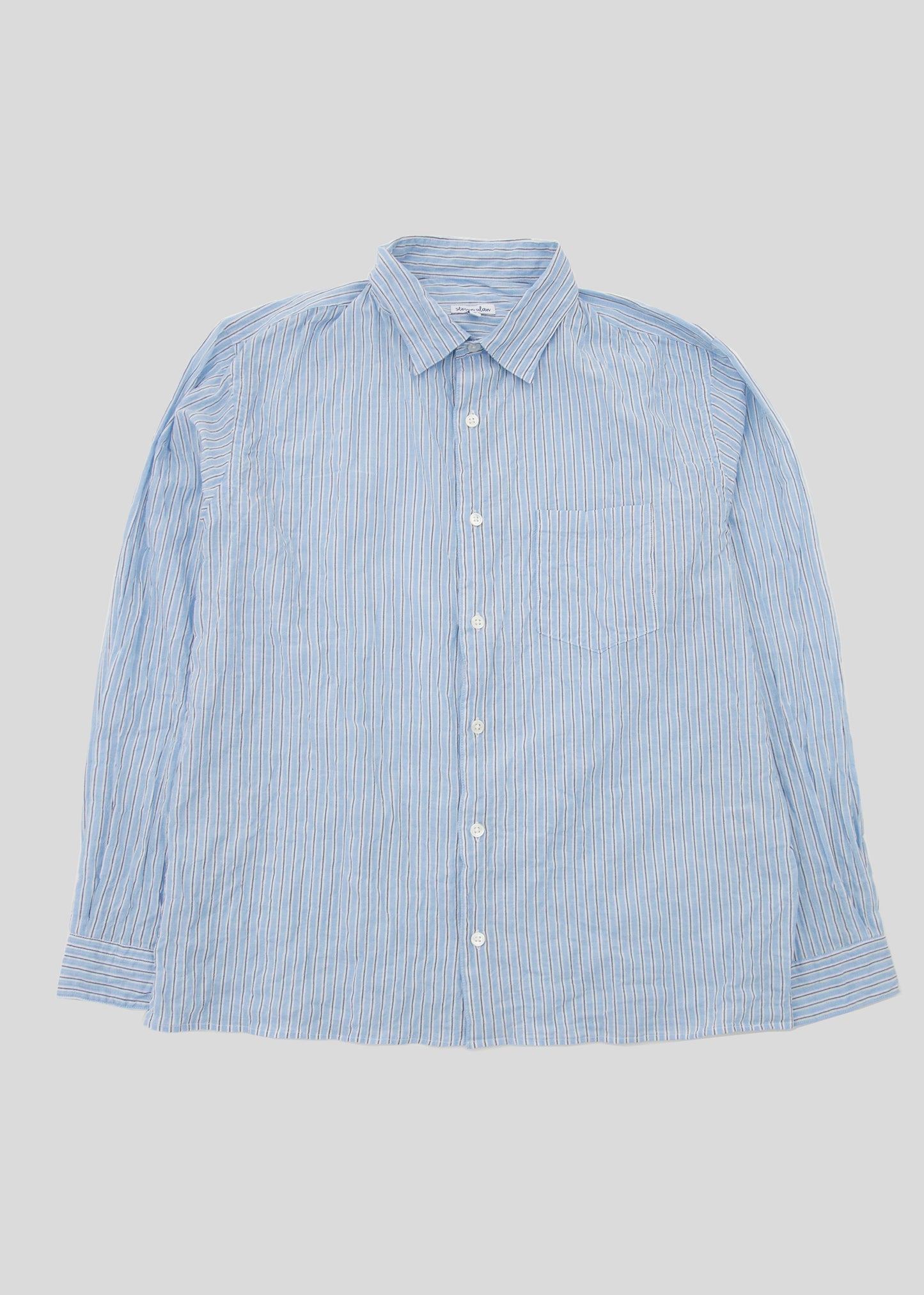 Front flat lay of notch shirt in color light blue stripe