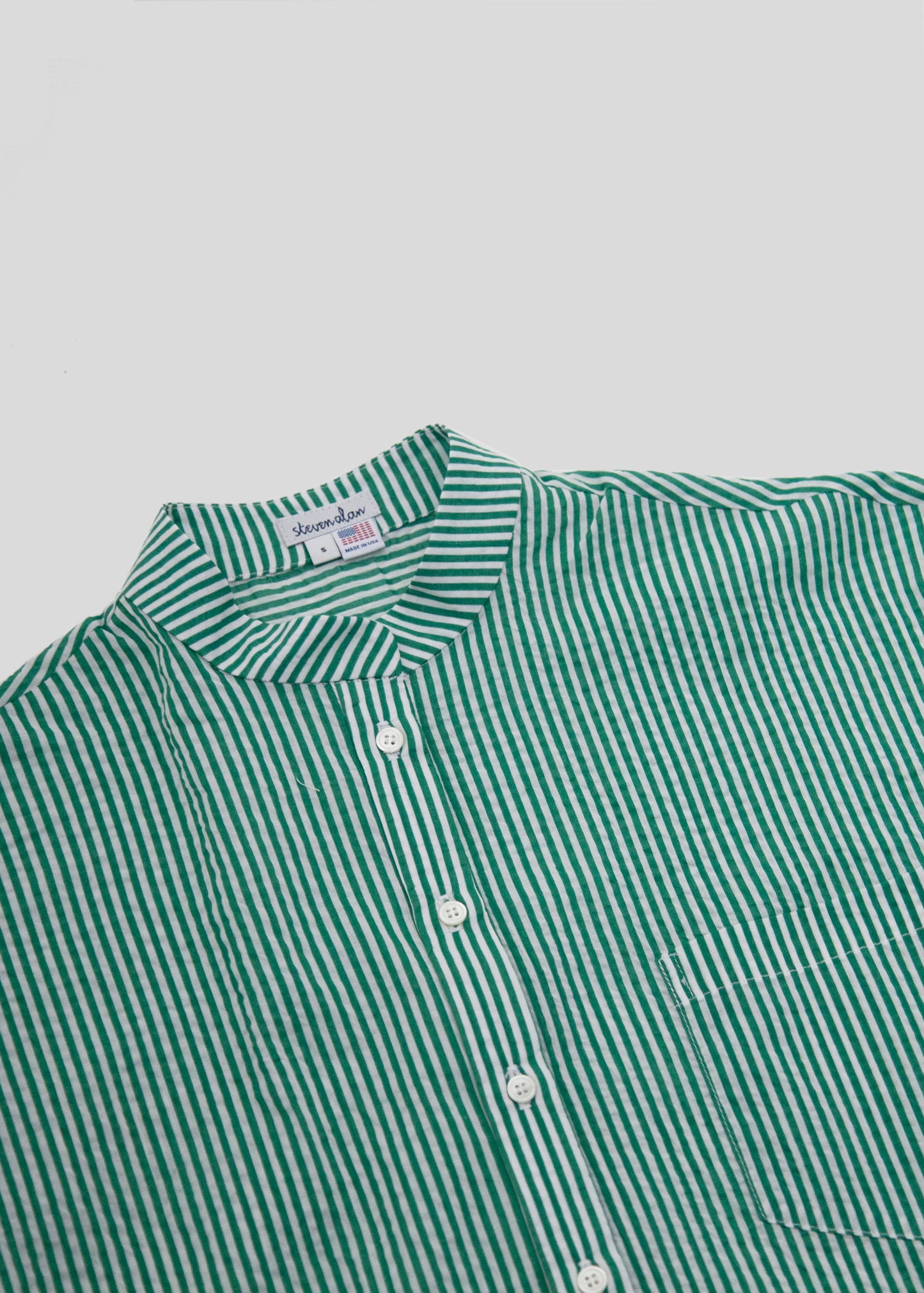 Steven Alan x Clare V Oversized Stand Collar Shirt, Green Stripe