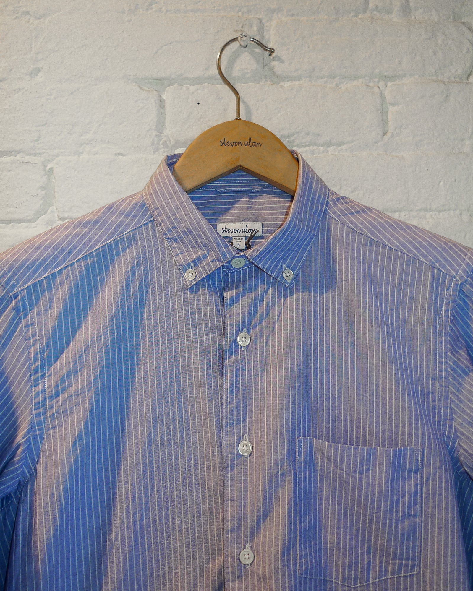 Steven Alan The Single Needle Shirt, Blue/White Pencil Stripe S Steven Alan The Single Needle Shirt, Blue/White Pencil Stripe S