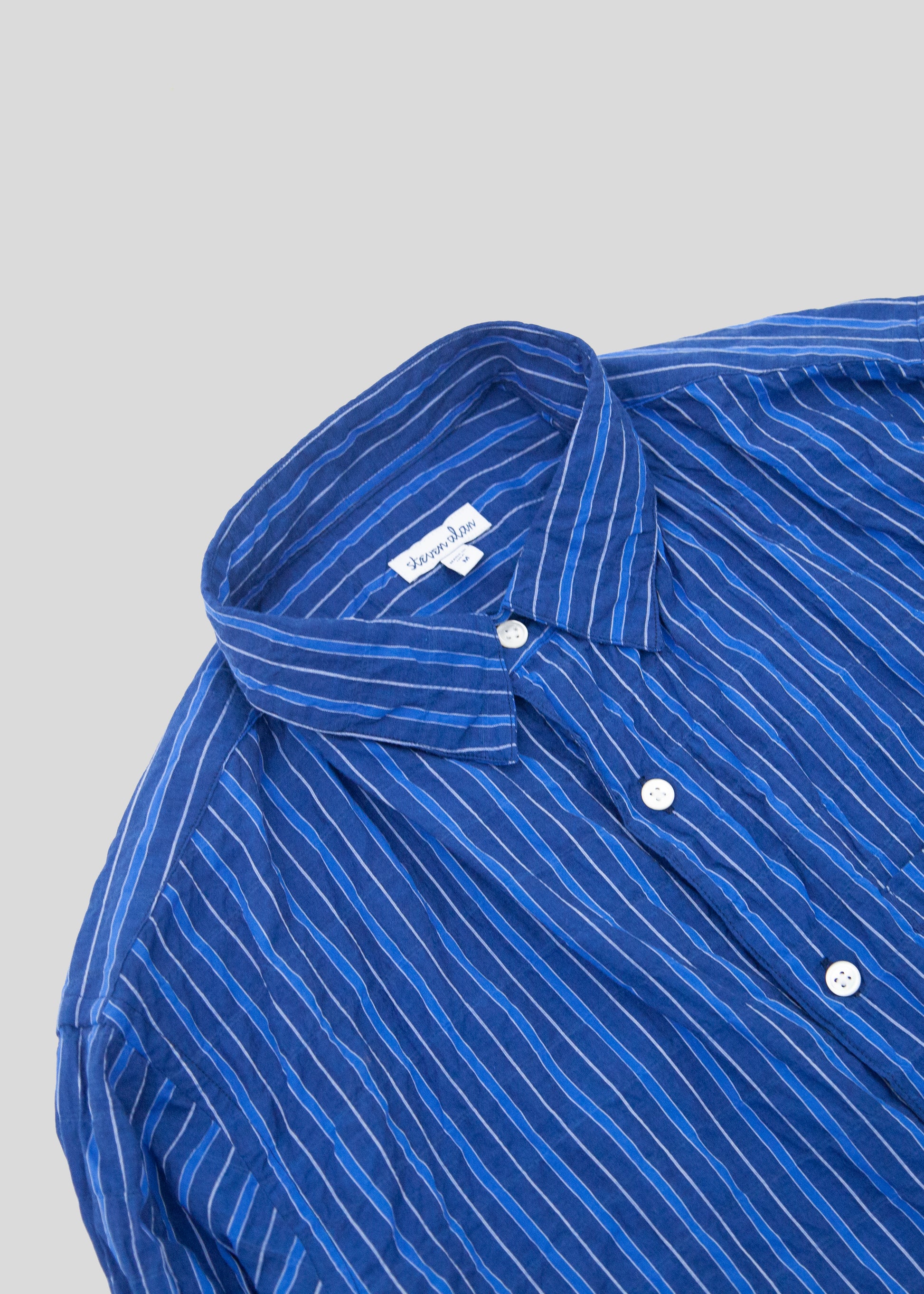 close up Front flat lay of notch shirt in color dark blue stripe