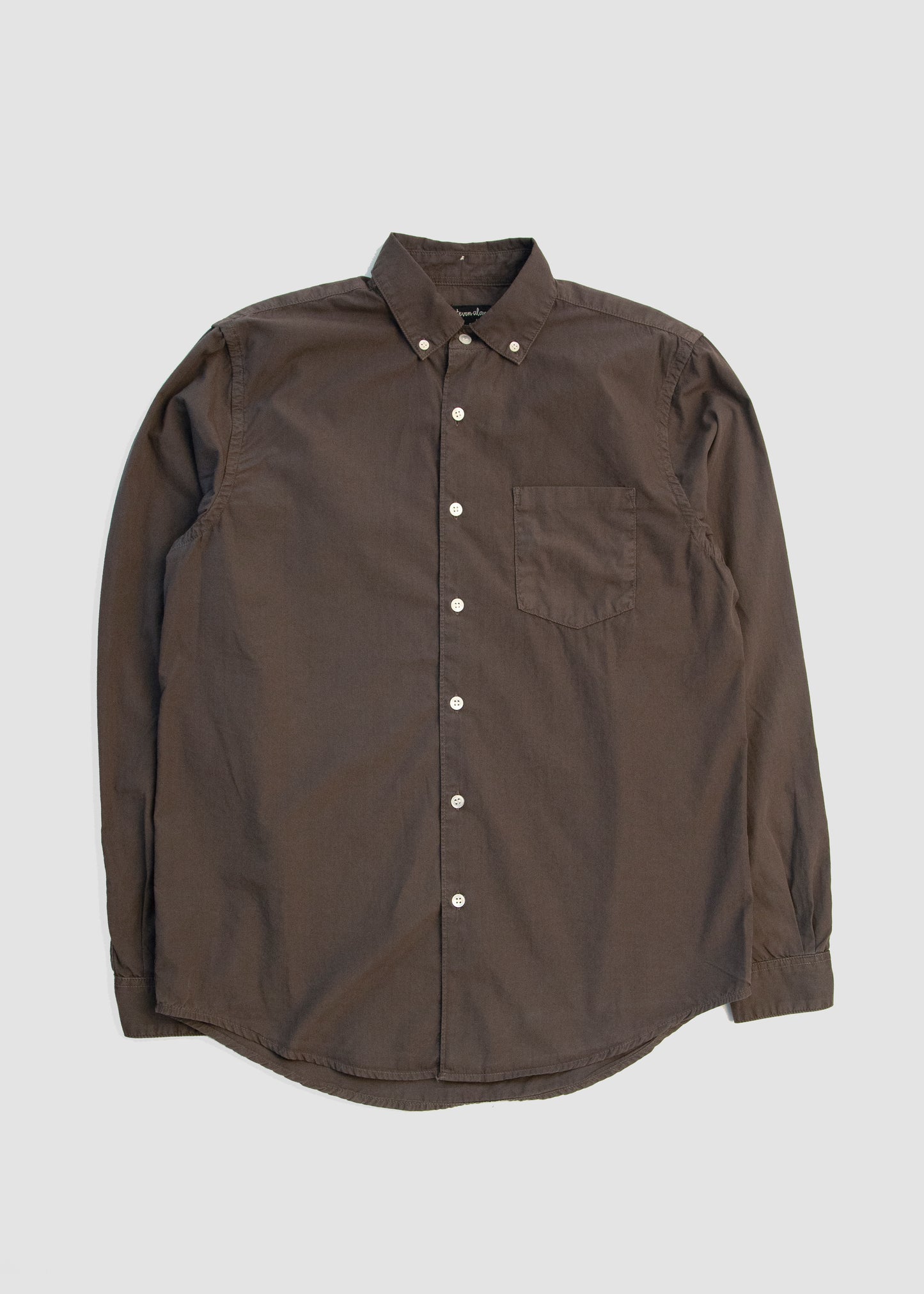 Front flat lay of washed poplin shirt in color coffee