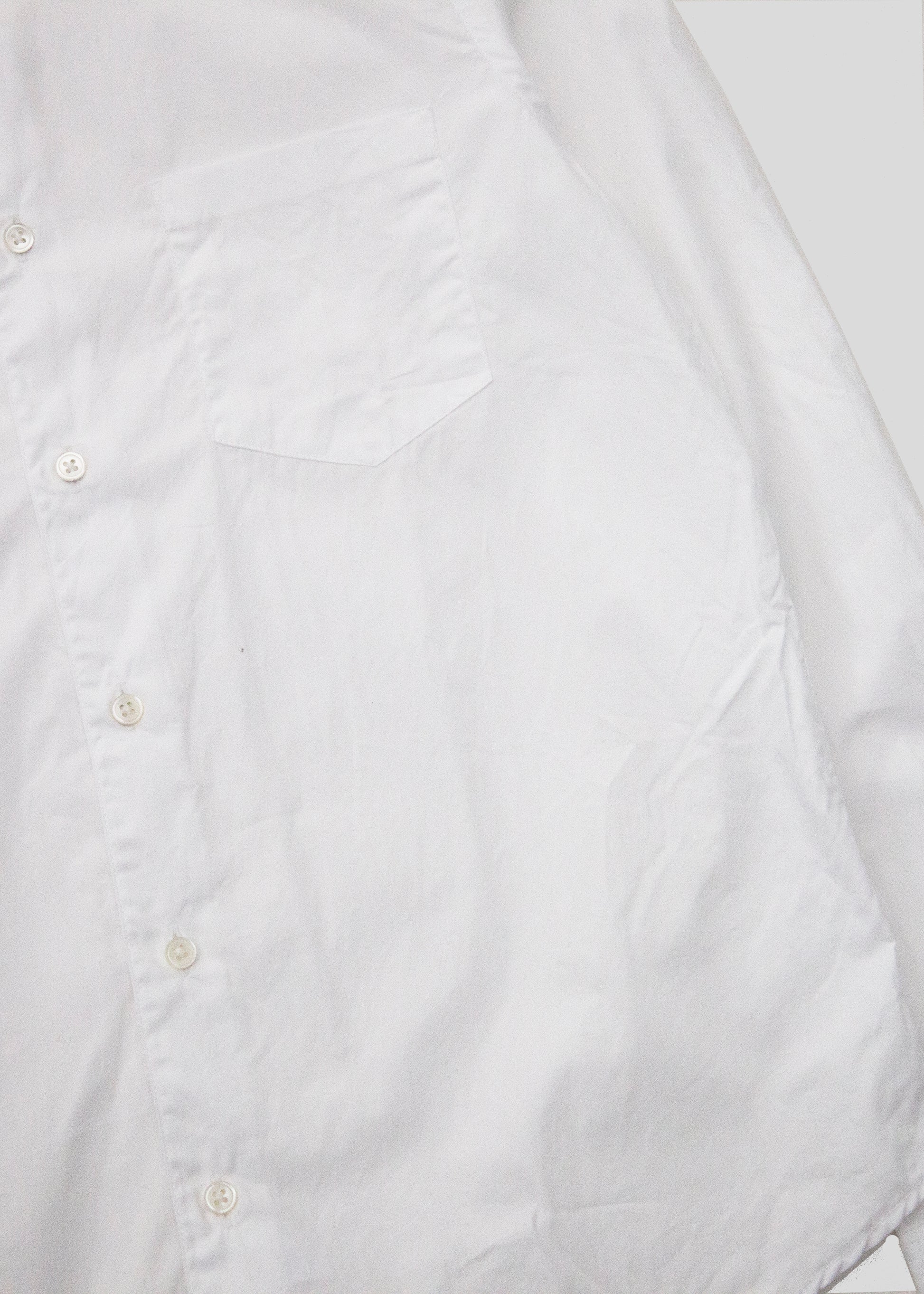 close up shot of single needle shirt in white broadcloth