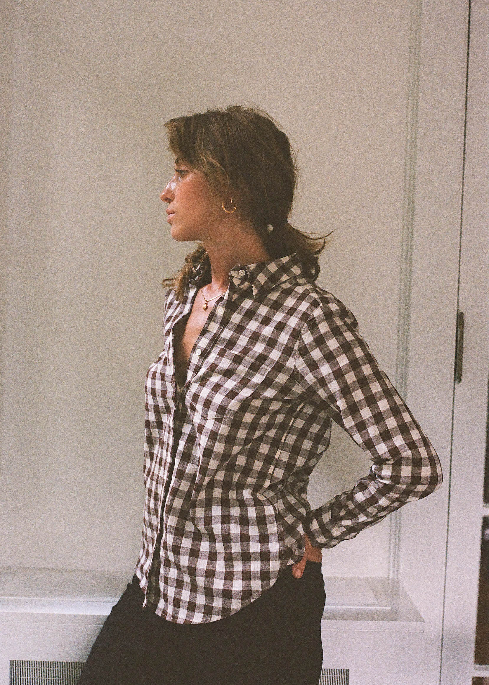 Women's Reverse Seam Shirt, Chocolate Gingham