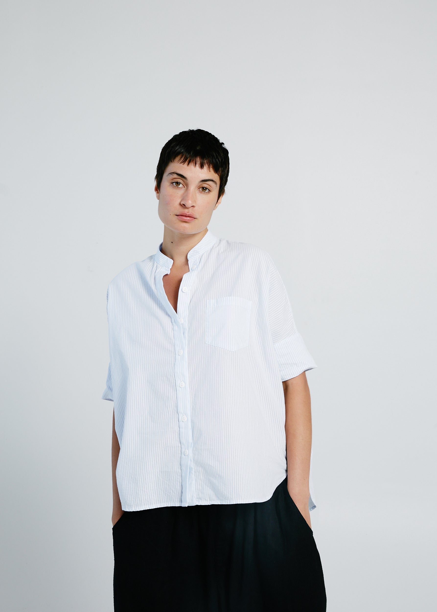 Oversized Stand Collar Shirt, Seersucker Stripe